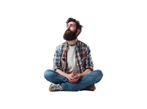 Bearded man sits. Searching for answers. Waiting for help