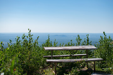 A place to relax at the top of the mountain on a summer day: a wooden table and two benches