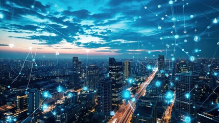 Fototapeta premium Smart city and communication network. Digital transformation, business, building, modern, urban, technology, connection, information, innovation, capita, future