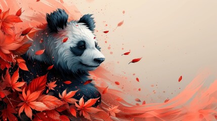 a painting of a panda bear surrounded by red and orange leaves on a white background with a splash of water on the left side of the bear's face.