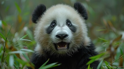 a close up of a panda bear in a field of grass with its mouth open and its tongue hanging out.
