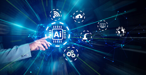 businessman hand touching Digital transformation conceptual for next generation technology era on black background. Metaverse concept and era of innovation, Internet and network concept.