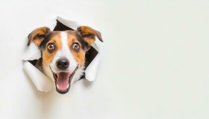 Dog with shocked surprised expression peeking through hole in cracked wall hole. Wide banner with copy space on side 