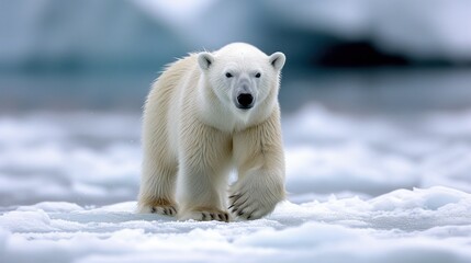 a close up of a polar bear walking in the snow with an iceberg in the back ground in the background.