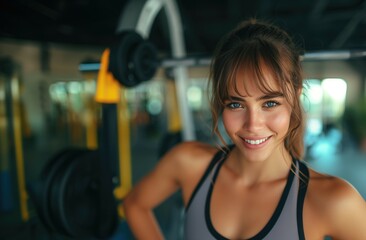 Fototapeta na wymiar Closeup headshot of young fit sporty muscular beautiful caucasian brunette woman with beautiful eyes and freckles in gym after training smiling at camera