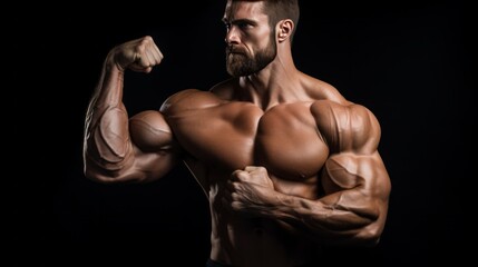 Fototapeta na wymiar tense arm clenched into fist, veins, bodybuilder muscles on a dark background. Neural network AI generated art