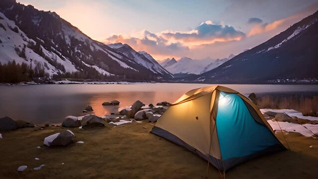 Camping at riverside snow mountains time-lapse background