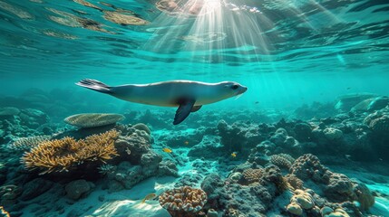 Naklejka premium a sea lion swims over a coral reef in the blue waters of the ocean with sunlight streaming through the water.