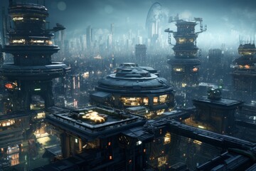 Aerial view of a gritty cyberpunk cityscape with sprawling megastructures