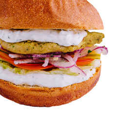 Vegetarian burger with lettuce, tomato, onion and falafel