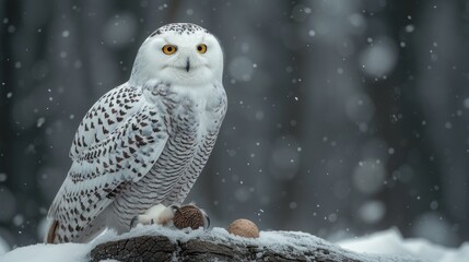 a snowy owl sitting on top of a log in the snow with an acorn on it's leg.