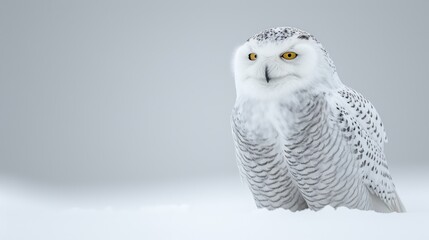 a white owl with yellow eyes is standing on a white surface and is looking at the camera with an alert look on its face.