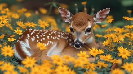 a young deer is laying in a field of yellow wildflowers and looking at the camera with a curious look on his face.