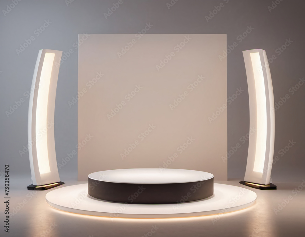 Poster modern minimalist stage setup with soft lighting and neutral tones, featuring a circular platform an