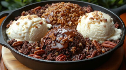 three scoops of ice cream in a skillet with pecans, pecans, and pecans on the side. - obrazy, fototapety, plakaty