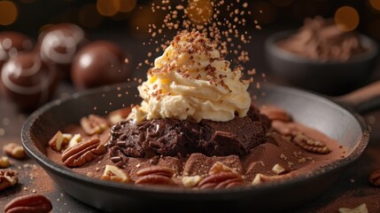 a chocolate dessert with whipped cream and pecans sprinkled with chocolate and pecans sprinkled with cinnamon sprinkles. - obrazy, fototapety, plakaty