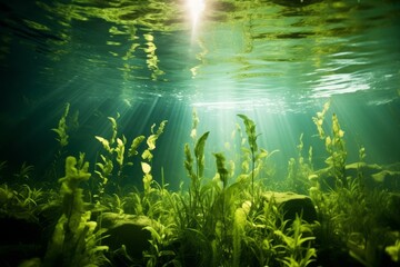 An underwater view of aquatic plants thriving in a clear pond, a testament to the benefits of effective water monitoring - obrazy, fototapety, plakaty