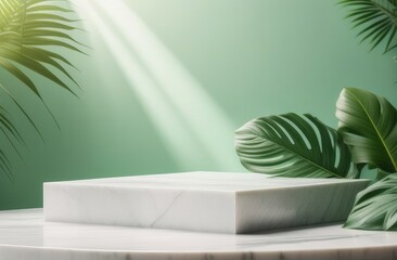 Fototapeta na wymiar marble 3 D podium for product presentation, decorated with tropical leaves, 3D rendering