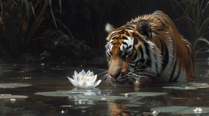 Fototapeta na wymiar a tiger in a body of water with a white flower in it's mouth and it's head in the water.