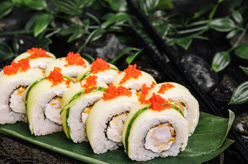 Sushi set with cheese, rice, shrimp and cucumber