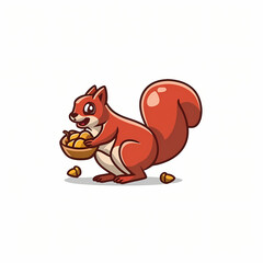 Flat Logo of Excited Squirrel Gathering Acorns Cartoon.