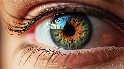 Close-up view of human eye. Iris brown green colorful