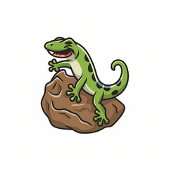 Flat Logo of Grinning Gecko Climbing on a Rock Cartoon.