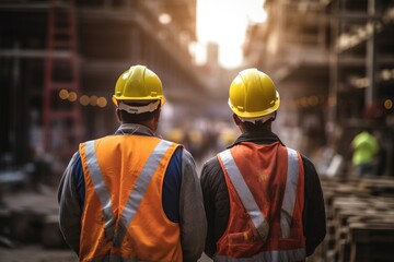 Back view of construction workers with safety helmets