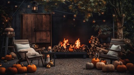 Autumnal bonfire with pumpkins used as decorative accents, creating a cozy and warm atmosphere for gatherings and celebrations