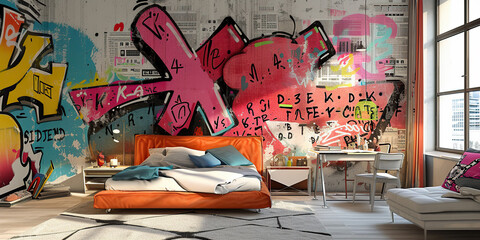 Bedroom With Graffiti on Walls and Bed