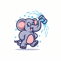 Flat Logo of Playful Elephant Spraying Water Cartoon.
