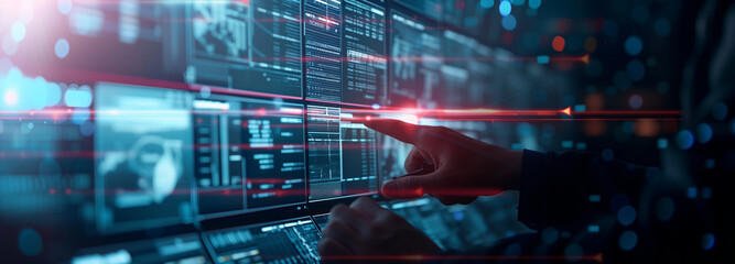 Hand reaching towards a screen with data