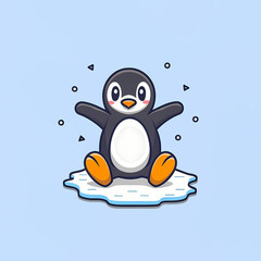 Flat Logo of Playful Penguin Sliding on Ice Cartoon.