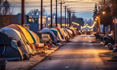 Desolate urban scene with a line of makeshift tents along a street, embodying the harsh reality of homelessness and poverty in the city's shadows