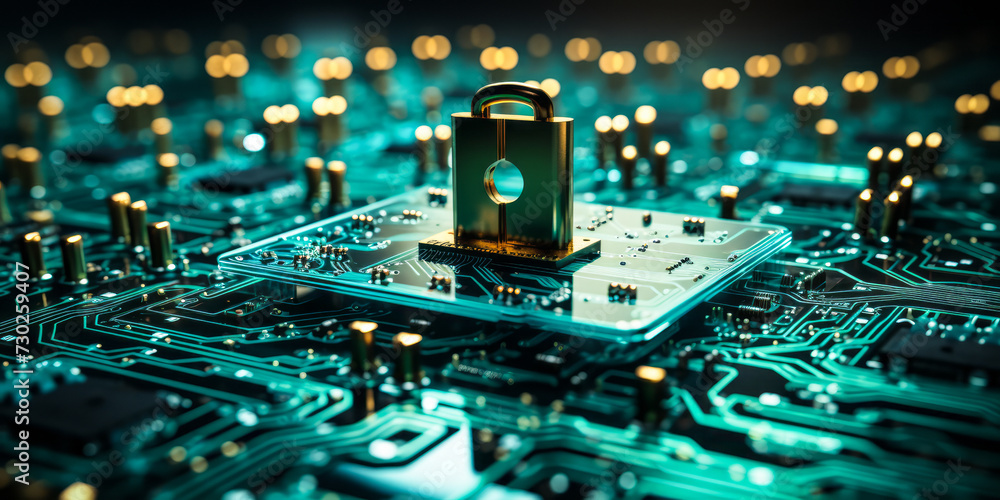 Poster advanced cybersecurity concept with a padlock symbol on a circuit board, illustrating data protectio