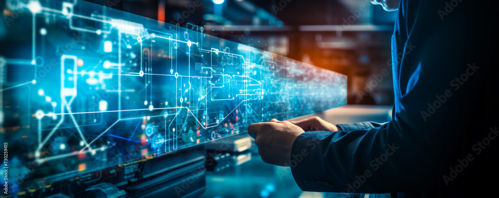 Poster network engineer utilizes advanced digital technology for cybersecurity in data center, analyzing da