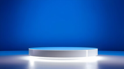Platform, podium display for presentation of products, cosmetics on a blue background.