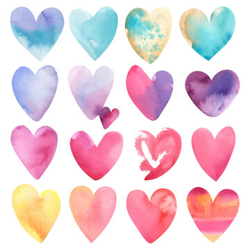 Watercolor hearts of different colors in a set on a white background. The illustration is hand-drawn. The holiday is Valentine's Day. Postcard, template, clipart, stickers.