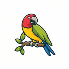 Flat Logo of Vibrant Parrot Perched on a Branch Cartoon.