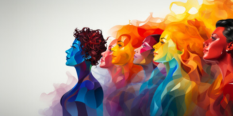 Diverse silhouettes of human heads in profile in a rainbow of colors representing unity in diversity and inclusion across the spectrum
