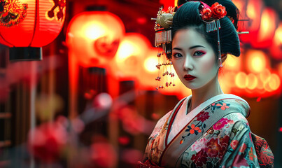 Elegant geisha in traditional kimono adorned with hairpieces against a backdrop of vibrant red lanterns