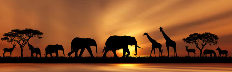 Fototapeta na wymiar Late evening in the African savanna. Silhouettes of wild animals of the African savannah on the shore of a lake, against the backdrop of trees and the sun