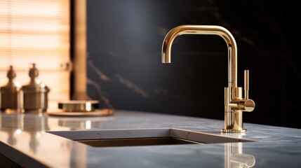 close up of a shiny gold faucet rectangular sink