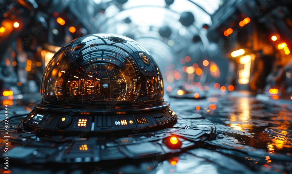 Poster futuristic spherical device with intricate patterns glowing on a dark, high-tech background