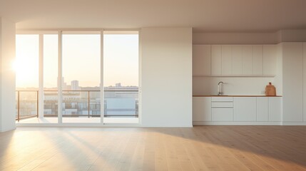 Fototapeta premium Commercial apartment building floors built for interior decoration and design, open space with bright area and Kitchen , AI generated