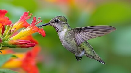 a hummingbird feeding from a flower with a blurry background of red and yellow flowers in the foreground.