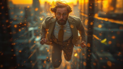 Business Mann als Superheld fliegt hoch, ai generativ - obrazy, fototapety, plakaty