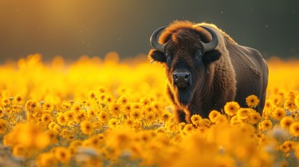 a bison standing in a field of sunflowers with a blurry background of the sun in the sky.