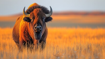 a close up of a bison in a field of tall grass with a mountain in the distance in the background. - obrazy, fototapety, plakaty