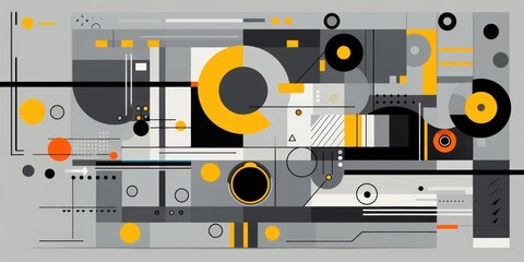 A Gray poster featuring various abstract design elements, in the style of pop art